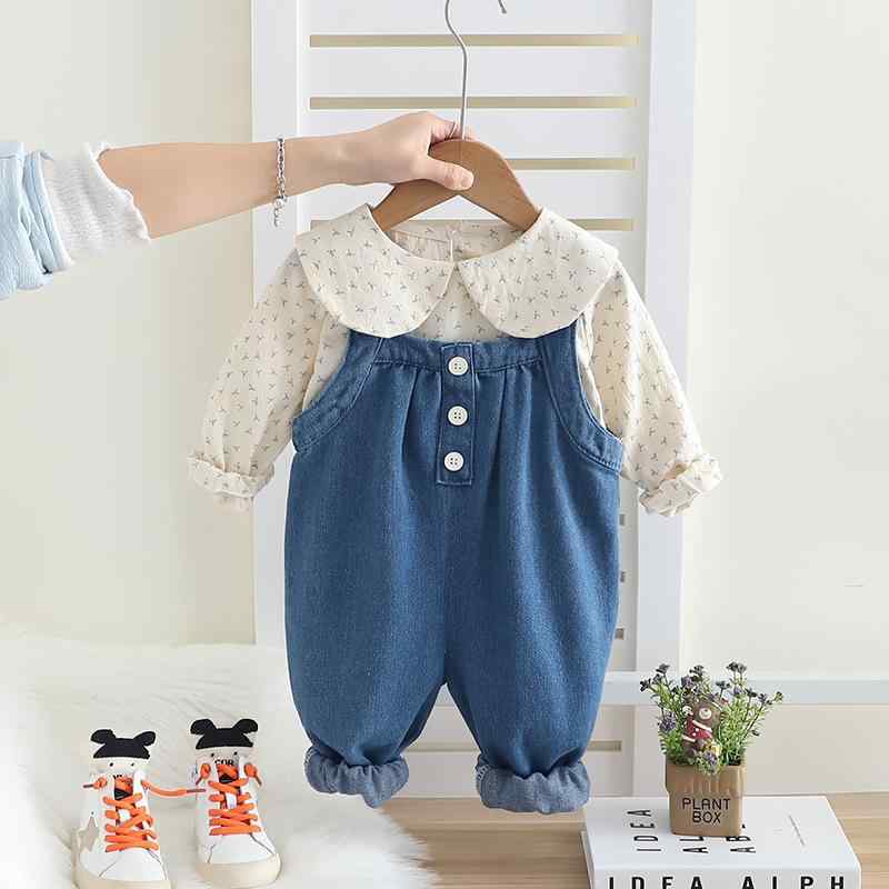 オーバーオール 女の子 ベビー キッズ 韓国風 デニム 長袖 長ズボン セットアップ 上下セット 綿 かわいい 春秋冬