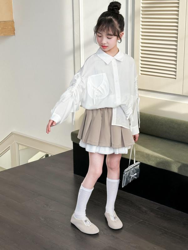 セットアップ 女の子 ジュニア シャツ ブラウス 長袖 無地 プリーツスカート 2点セット 韓国風 おしゃれ トレンド 個性的 春秋 カジュアル 綿混紡 ポリエステル