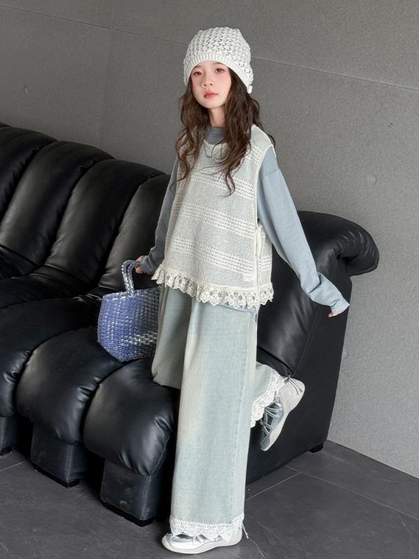 セットアップ 女の子 ジュニア 韓国風 レースフリル ベスト デニムパンツ 長ズボン 長袖 3点セット 春夏 綿混 ポリエステル カジュアル 普段使い