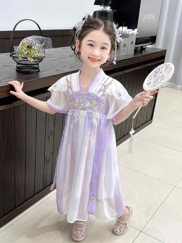 漢服 女の子 キッズ 新中華風 古風 中国風 セットアップ 春 馬面スカート ドリーミーパープル シフォン ポリエステル 花柄 刺繍 半袖