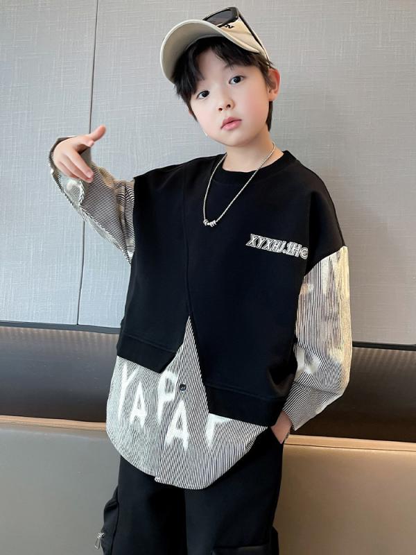 セットアップ 男の子 キッズ ジュニア 春秋 フェイクレイヤード トレーナー スウェット パンツ 2点セット スポーツ カジュアル 綿混 ストライプ 通学 普段使い おしゃれ クール