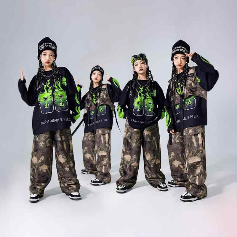 ダンス衣装 キッズ 男の子 女の子 子供 ヒップホップ ストリート ストリートダンス 発表会 ステージ イベント 練習着 ドラム 演奏 迷彩ベスト ジレ セットアップ 上下セット 綿 コットン おしゃれ かっこいい カジュアル 春秋