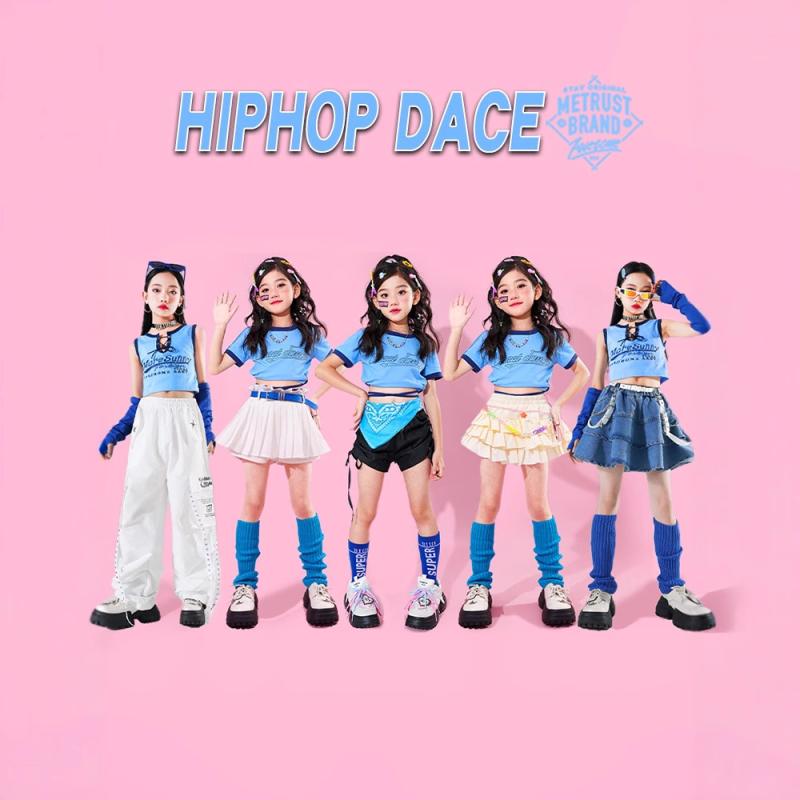 ダンスウェア 女の子 ガールズ キッズ ドーパミンカラー ブルー 青 チアガール チアダンス ジャズダンス ストリートダンス ヒップホップ セットアップ 上下セット ポリエステル 春秋 発表会 ステージ衣装 練習着