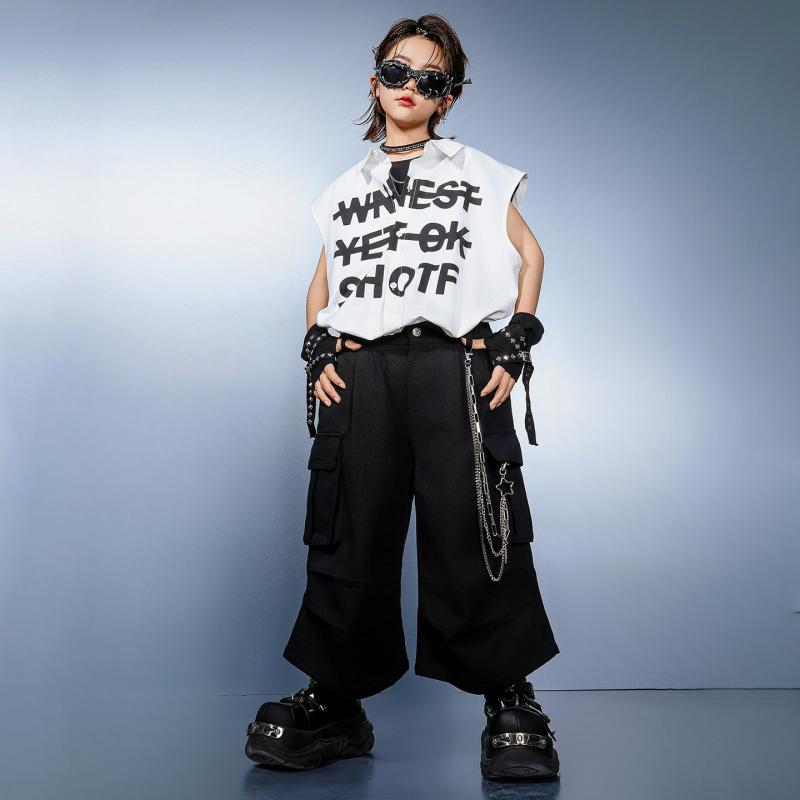 ダンス衣装 男の子 キッズ ストリート ヒップホップ セットアップ ノースリーブ シャツ プリント 伸縮性 舞台 発表会 パフォーマンス クール ファッション ストリート映え