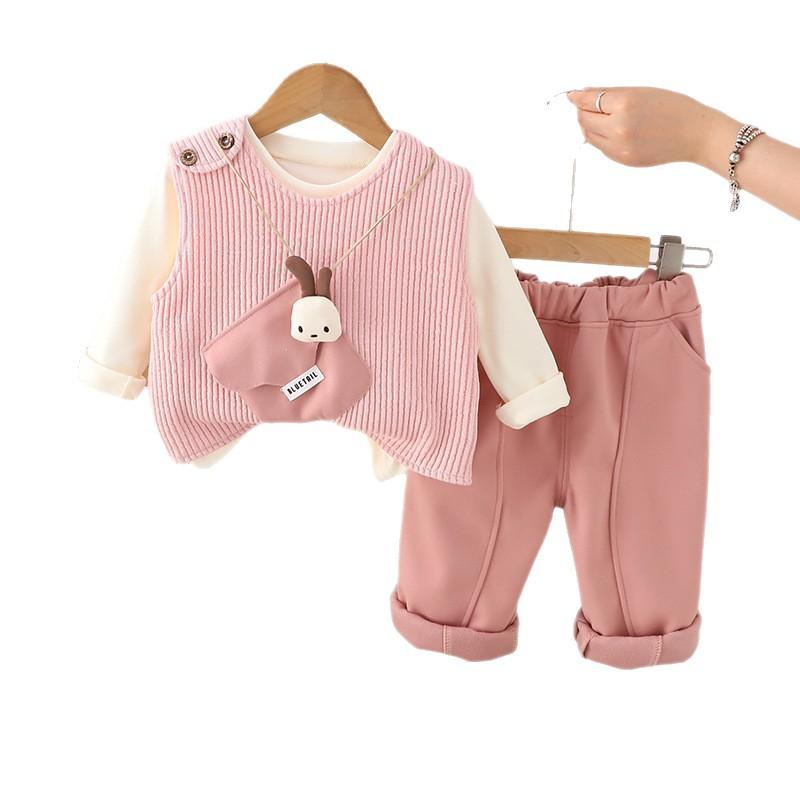 セットアップ 女の子 ベビー キッズ おしゃれ かわいい 長袖 春秋 綿 コットン 柔らかい 肌触り ウサギチャーム ベスト 3点セット 普段使い お出かけ カジュアル