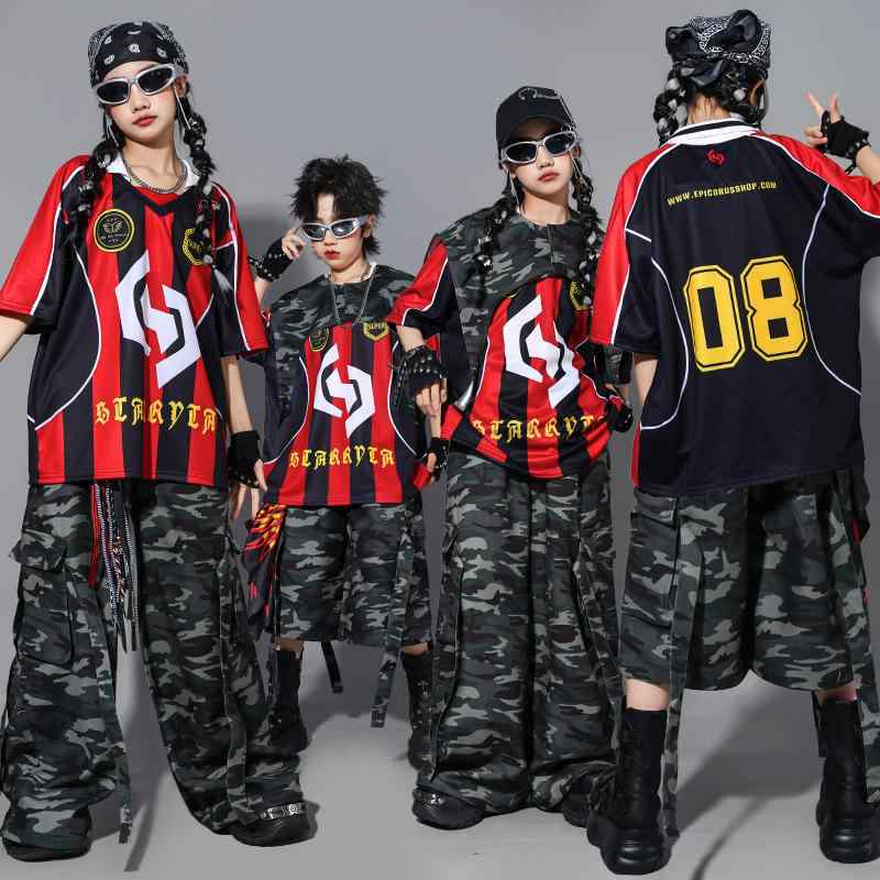 ダンス衣装 キッズ 男の子 女の子 ヒップホップ ストリートダンス 迷彩柄 ベスト セットアップ 発表会 練習着 パフォーマンスウェア ストリートファッション ポリエステル 春秋