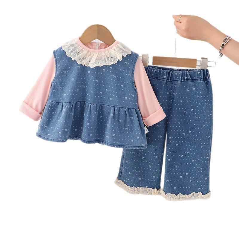 キッズ 女の子 ベビー 幼児服 春秋 セットアップ デニム ベスト ジレ 長袖 トップス パンツ 3点セット 綿 柔らか加工 カジュアル かわいい キャラクター柄 リボン プルオーバー ピンク ホワイト