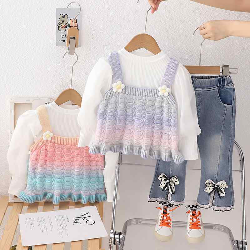 セットアップ キッズ 女の子 ベビー レインボー ニットキャミソール パフスリーブ 長袖トップス デニムパンツ 3点セット 綿 コットン かわいい 普段使い カジュアル ピンク系 パープル系 春秋