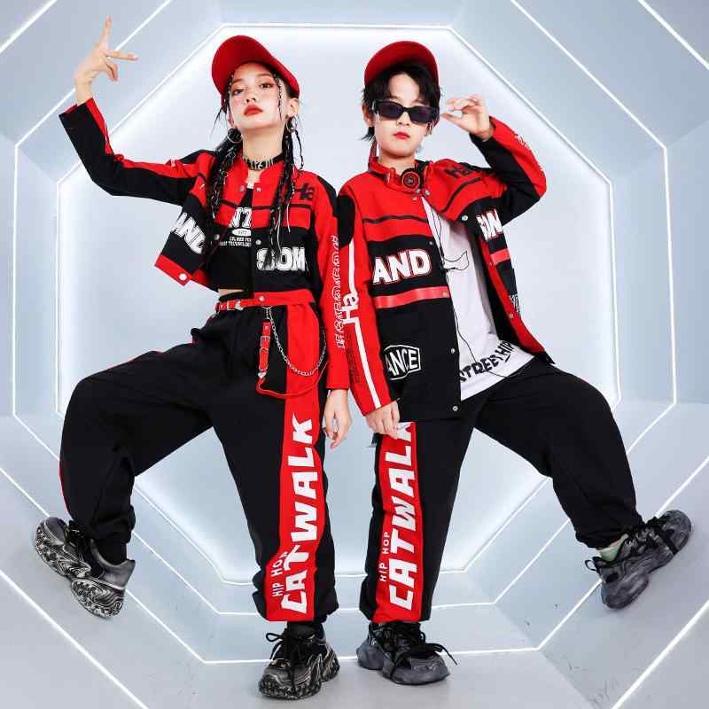 キッズダンス衣装 ガールズ レッド 赤 ライダース ジャケット ストリート ヒップホップ ジャズ 発表会 舞台 ファッションショー ステージ 目立つ トレンド 春秋 ポリエステル繊維 セットアップ