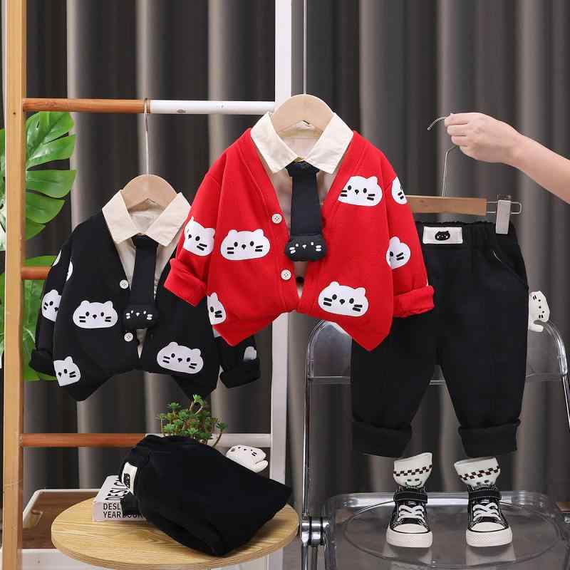 セットアップ 男の子 キッズ ベビー 長袖 トップス ジョガーパンツ 猫柄 カジュアル かわいい 普段使い お出かけ 通園 コットン 綿 柔らかい 肌触り ソフト 快適 3点セット 春 秋