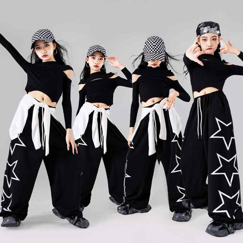 ダンスウェア 女の子 キッズ ジャズ ストリート ヒップホップ 衣装 長袖トップス パンツ 上下セット 練習着 レッスン着 発表会 舞台 パフォーマンス おしゃれ プリント 柔らかい 春秋 ポリエステル 黒