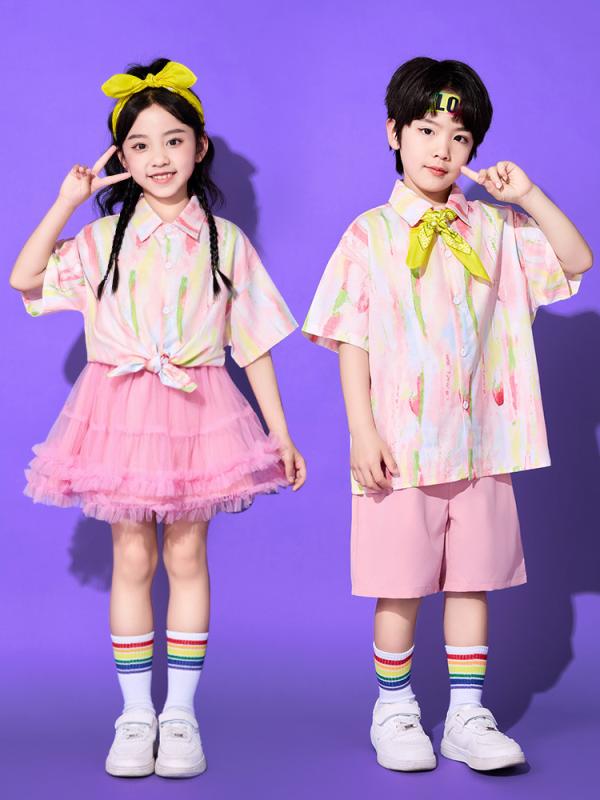 ダンス衣装 キッズ 子供 小学生 幼稚園 チアガール 合唱 発表会 舞台 卒業式 卒園式 ユニフォーム イベント 写真撮影 ピンク ポリエステル セットアップ