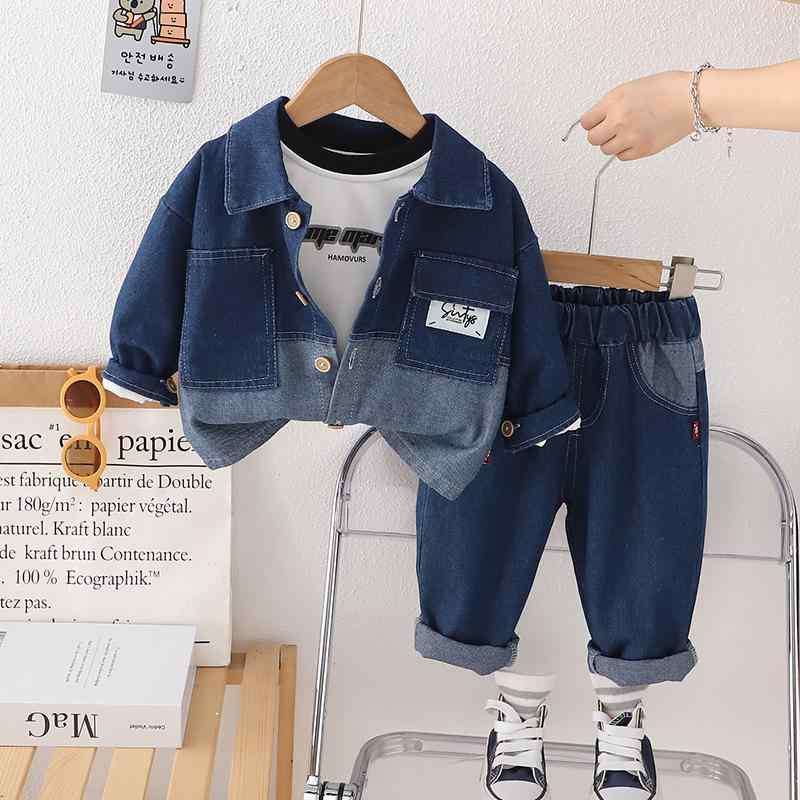 キッズ 男の子 デニム セットアップ 3点セット 春秋 ベビー コットン 柔らか 切り替えカラー ダブルポケット 長袖 長ズボン カジュアル 普段使い 韓国子供服 ネイビー