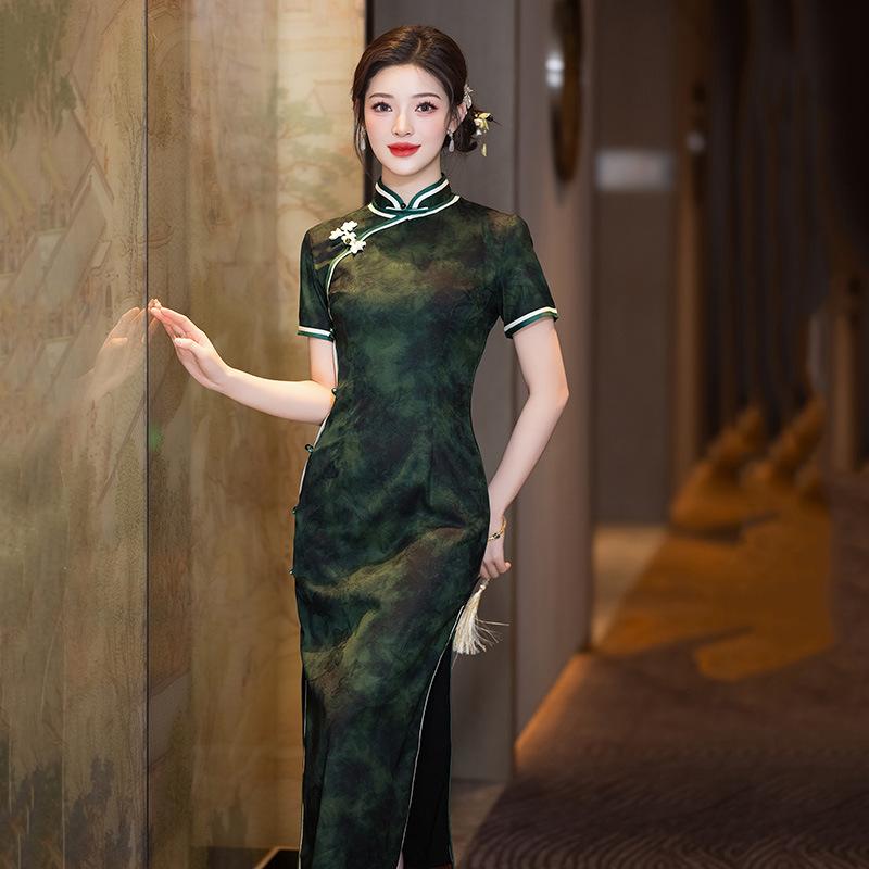 チャイナドレス レディース 女性用 春夏 ダブルレイヤー 8つボタン 中華風 新中国スタイル ロング丈 改良型 レトロ スリムフィット 半袖 舞台衣装 発表会 イベント ポリエステル スタンドカラー