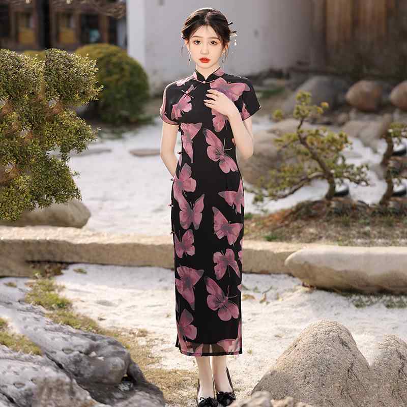 チャイナドレス レディース ピンク 蝶柄 バタフライ 中華風 シフォン ロング丈 改良 レトロ ヴィンテージ 立襟 斜め襟 半袖 ポリエステル 春夏 普段使い お出かけ ヤング