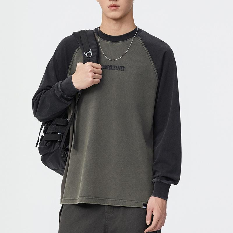 Tシャツ メンズ 男性用 秋 長袖 ラグランスリーブ オーバーサイズ リラックスフィット ウォッシュ加工 ヴィンテージ クルーネック 綿混素材 普段使い デイリー カジュアル トップス ブラック グレー系