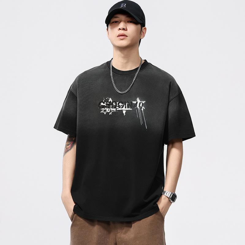 Tシャツ メンズ 綿100% 半袖 クルーネック ビッグシルエット ウォッシュ加工 グラデーション レタリングプリント アメカジ ゆったり 普段使い デイリーユース 薄手 高耐久性 伸縮性 ブラック カーキ