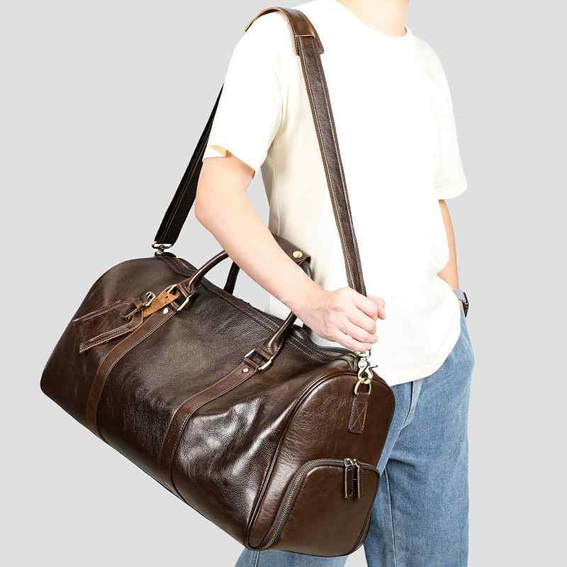 ボストンバッグ メンズ 男性用 本革 牛革 フルグレインレザー ヌメ革 高級感 レトロ ヴィンテージ クラシック 大容量 旅行鞄 トラベルバッグ 独立シューズ収納 靴ポケット 耐摩耗 出張 レジャー スポーツ ジム カジュアル ブラウン ブラック|way-ugo