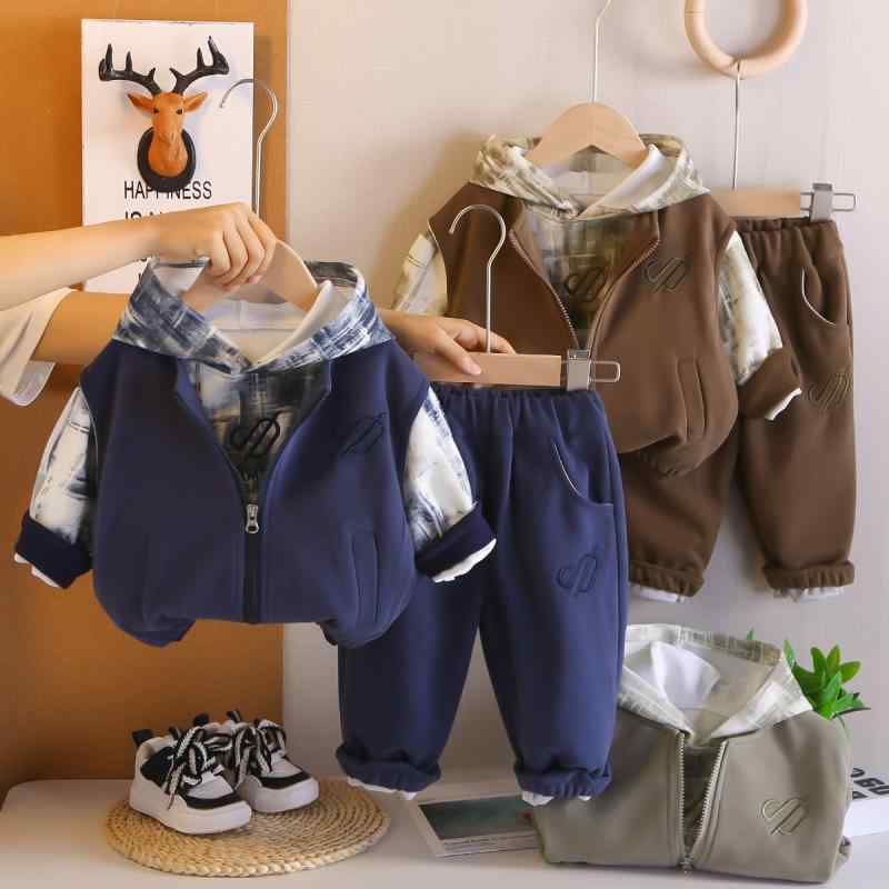 セットアップ 男の子 ベビー服 春秋 ベスト パーカー スウェット 3点組 フード付き 長袖 ジップアップ 無地 カジュアル 普段使い 綿 コットン 柔らかい肌触り