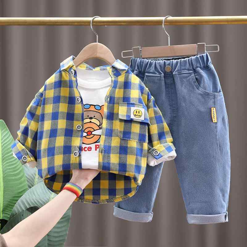 キッズ 男の子 ベビー服 春秋 3点セット 上下セットアップ おしゃれ カジュアル チェック柄 飛行機 クマ プリント 薄手 柔らか 綿 コットン 普段着 お出かけ