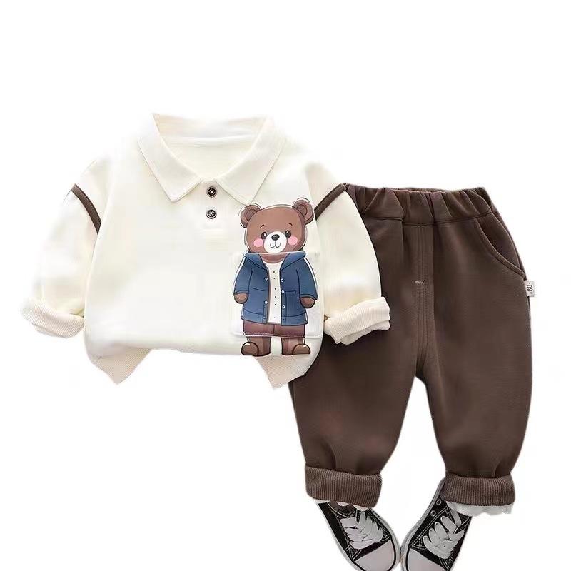 キッズ 男の子 セットアップ 秋冬 韓国風 ファッション ポロ襟 キャラクター 上下セット 2点セット 綿 コットン 厚手 長袖 普段使い 幼児 小学生 肌に優しい