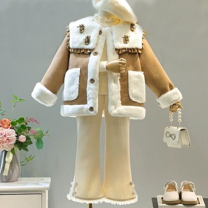 セットアップ キッズ 女の子 冬 韓国風 裏ボア 厚手 アウター ジャケット パンツ ズボン 2点セット 長袖 防寒 保温 コットン