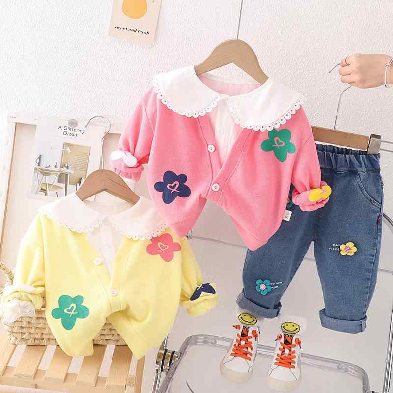 キッズウェア 女の子 ベビー 子供服 女児 セットアップ 上下セット 3点セット 韓国ファッション おしゃれ トレンド カーディガン 長袖 長ズボン 綿 コットン 柔らかい肌触り 花柄 春秋 普段使い お出かけ