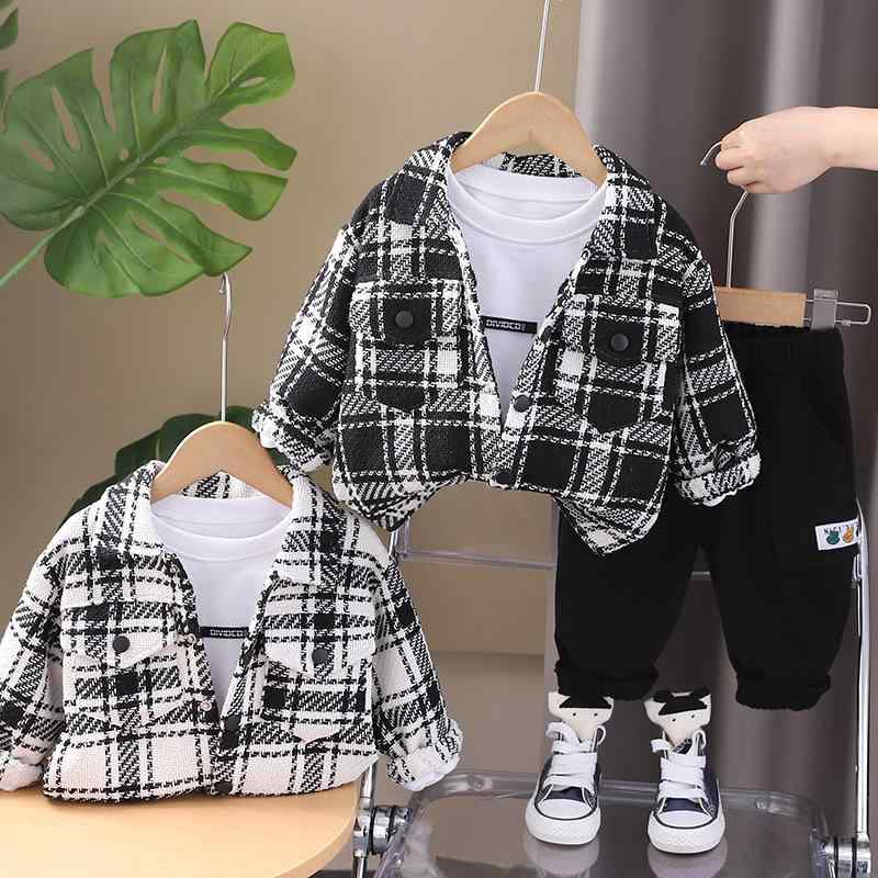 シャツ 男の子 ベビー キッズ 子供服 トップス 綿 コットン 長袖 春秋 カジュアル おしゃれ かわいい チェック柄 パンツ 3点セット セットアップ ブラック ホワイト 普段使い