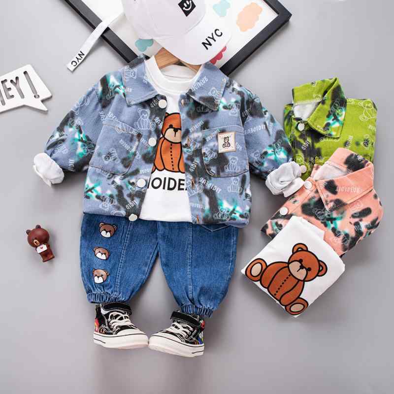 セットアップ キッズ 子供服 男の子 女の子 ベビー服 秋冬 デニム ジャケット アウター ロングパンツ 長ズボン コットン くま キャラクター プリント 3点セット 韓国ファッション カジュアル
