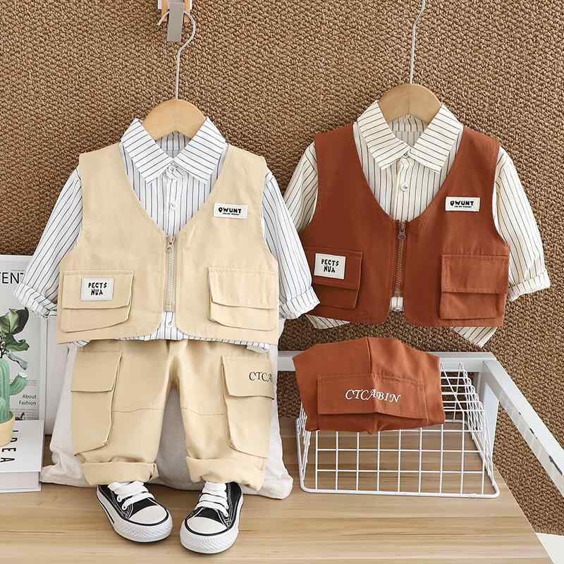 セットアップ 男の子 キッズ ベビー服 秋冬 長袖 ワークシャツ ベスト パンツ 3点セット 切り替えデザイン かわいい カジュアル 韓国ファッション 綿素材 通園 普段使い コーヒー色 ベージュ