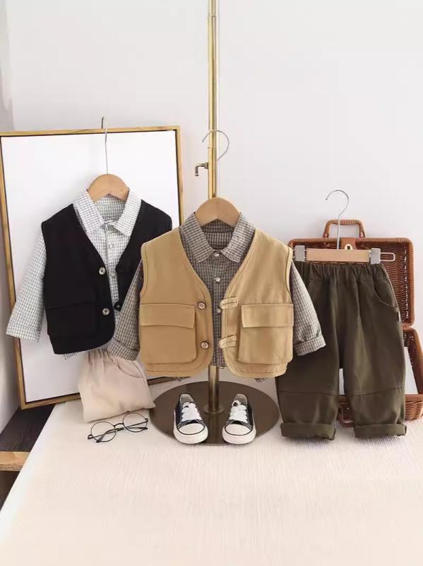 セットアップ 男の子 ベビー キッズ 子供服 春秋 おしゃれ かっこいい トレンド カジュアル 長袖 シャツ ベスト ロングパンツ 3点セット チェック柄 綿 コットン 柔らかい 肌触り ブラウン系 ブラック系 80-130cm