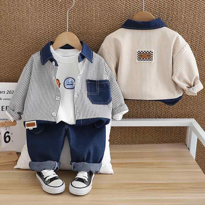 キッズ 男の子 春秋 カジュアル 切り替え シャツ 長袖 ロングパンツ 3点セット 綿 ストライプ柄 前開き 柔らかな肌触り セットアップ デイリーユース