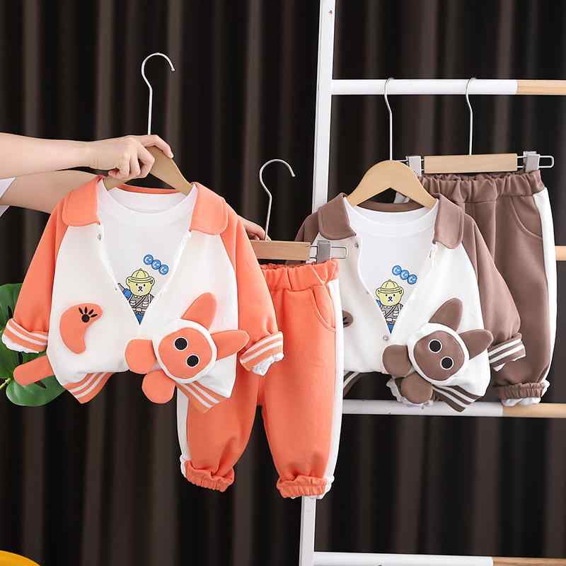 セットアップ キッズ 男の子 春秋 ベースボールウェア 3点セット おしゃれ かわいい カジュアル クマ キャラクター 綿素材 柔らかい 上下セット 長ズボン