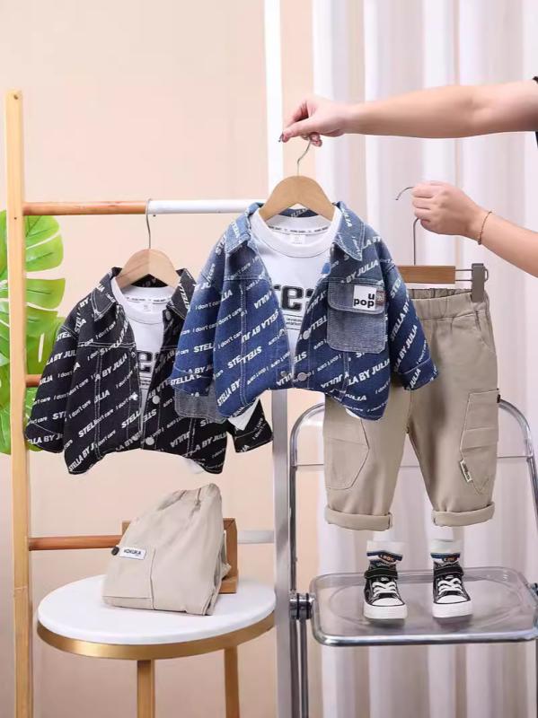 セットアップ 男の子 ベビー 春秋 デニム 長袖 3点セット パンツスタイル コットン 柔らかい肌触り カジュアル ブルー ブラック アルファベット プリント おしゃれ 普段着 通園