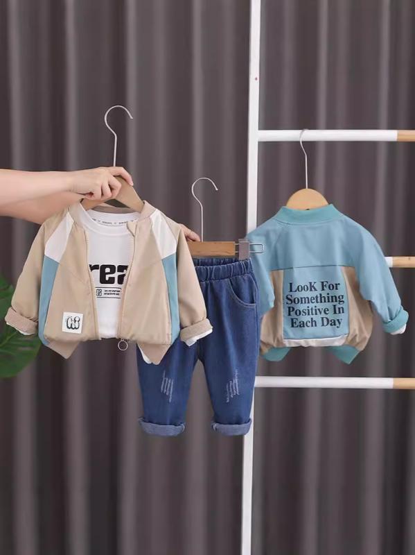 ベビー 男の子 春秋 スリーピース セットアップ ジップアップ アウター 長袖トップス ロングパンツ おしゃれ かっこいい 綿 柔らかい カジュアル 切り替え ロゴプリント カーキ ブルー