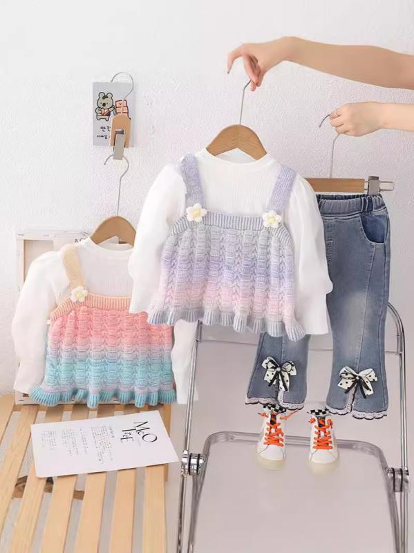 パンツ セットアップ 女の子 ベビー キッズ 春秋 カジュアル おしゃれ かわいい ストライプ ボーダー 長袖 ロングパンツ セーター ニット ベスト ジレ 綿 コットン 柔らか ソフト 3点セット