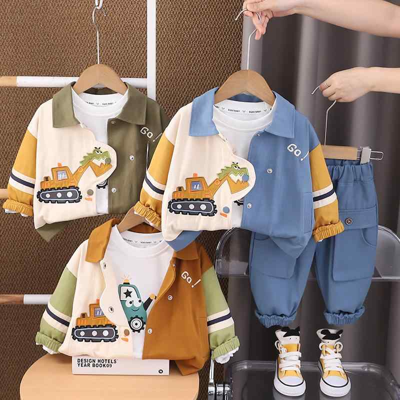 キッズセットアップ 男の子 ベビー 幼児服 春秋 長袖 長ズボン パンツ 恐竜 ショベルカー キャラクター柄 ロゴ カジュアル 綿 コットン 柔らか 3点セット 普段着 部屋着