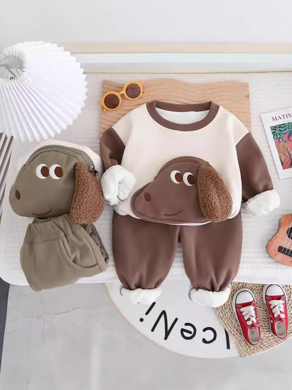キッズ 男の子 ベビー セットアップ 裏起毛 厚手 トレーナー スウェット 上下 長ズボン 綿 秋冬 防寒 暖かい 普段使い 通園 韓国風 キャラクター柄 かわいい ブラウン カーキ