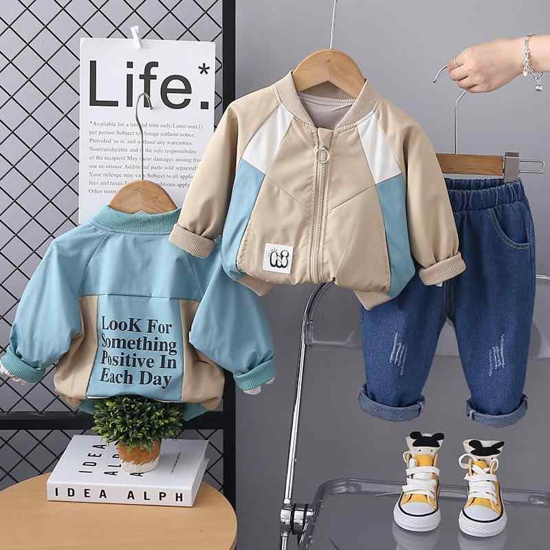 キッズ 男の子用 セットアップ 秋冬 長袖 重ね着風 ジャケット パンツ ジップアップ ストライプ柄 コットン 韓国風 カジュアル