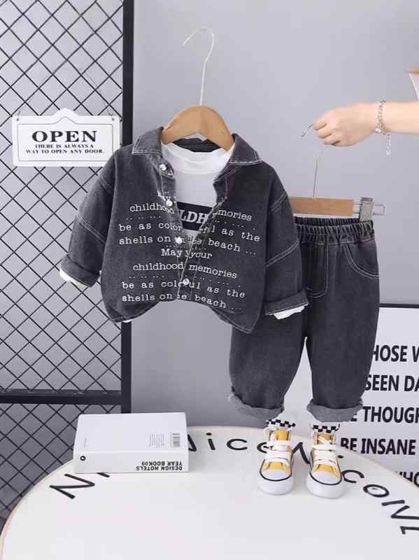 キッズ 男の子 デニム セットアップ スリーピース 春秋 おしゃれ 韓国風 ベビー 幼児向け 綿 柔らか 長ズボン 長袖 かっこいい 普段着 お出かけ ブラック