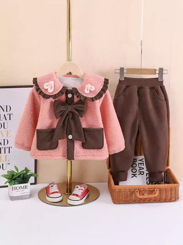 セットアップ 女の子 ベビー 秋冬 綿 コットン 裏起毛 厚手 あったか 長袖 長ズボン パンツ うさ耳 襟 フードなし キャラクター柄 かわいい おしゃれ 韓国風 普段着 部屋着 上下セット