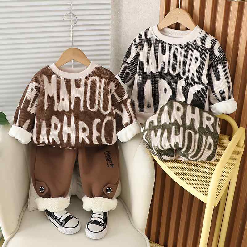 子供服 セットアップ 男の子 ベビー キッズ 秋冬 裏起毛 厚手 綿素材 柔らかい肌触り カジュアル おしゃれ アルファベット柄 長袖 ロングパンツ 2点セット