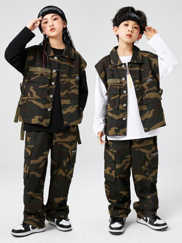 ダンス衣装 キッズ 男の子 女の子 ジュニア ストリート ヒップホップ 迷彩柄 ベスト ジレ 長パンツ コットン 綿 機能性 発表会 舞台 練習着 パフォーマンス 春秋