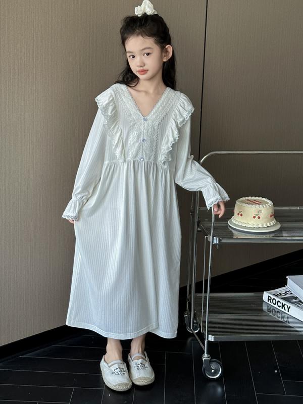 ルームウェア キッズ 女の子 ジュニア 綿100% 長袖 パジャマ ネグリジェ ワンピース フェアリー プリンセス風 吸湿速乾 柔らか素材 薄手 ホワイト 春秋 部屋着