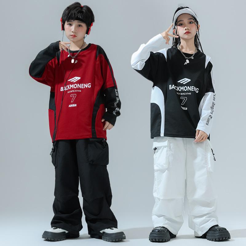 ダンス服 キッズ 男の子 女の子 ストリート ヒップホップ ジャズ ドラム 練習着 発表会 ステージ 長袖 切り替え スウェット 個性的 トレンド 春秋