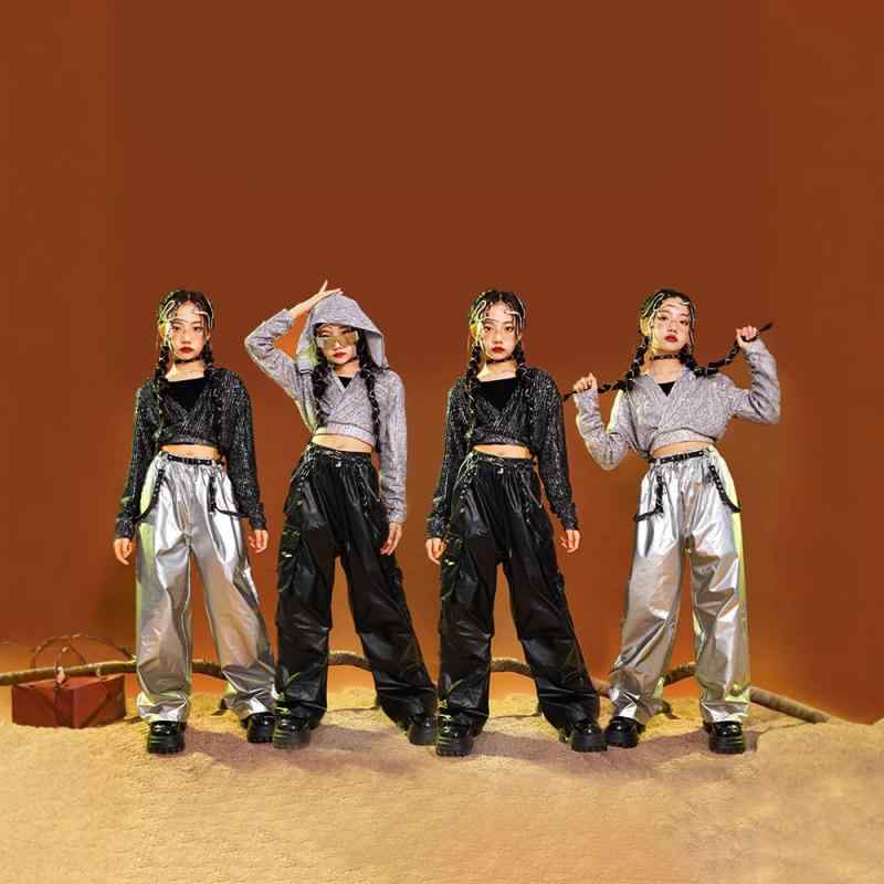 ダンス衣装 キッズ 女の子 ガールズ ジャズダンス ストリートダンス ヒップホップ JAZZ HIPHOP 発表会 舞台 ステージ イベント パフォーマンス ショー スパンコール フェイクレザー 合皮 キラキラ シルバー クール 目立つ トレンド