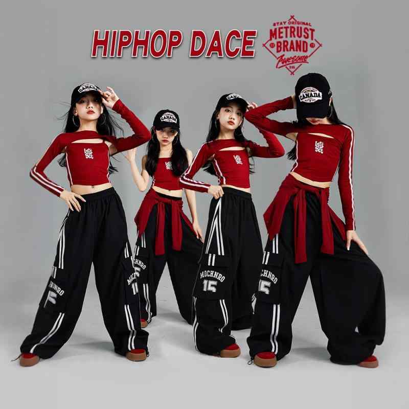 ダンスウェア 女の子 ガールズ キッズ 子供 ジャズ ストリート ヒップホップ トップス 発表会 練習着 舞台衣装 レッド ポリエステル おしゃれ 春秋