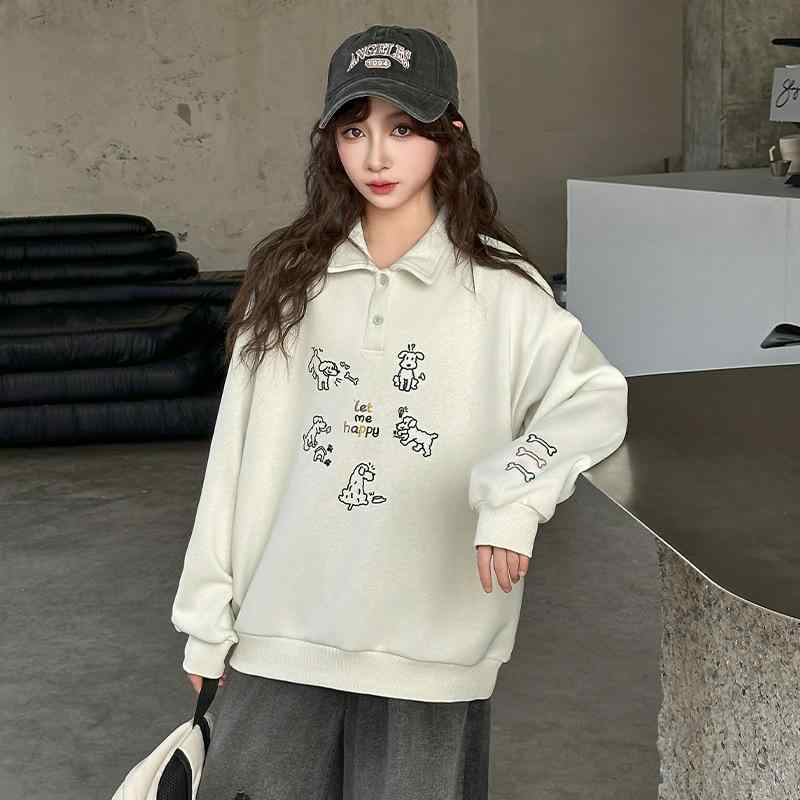 トレーナー 女の子 ガールズ 春秋 ポロ襟 長袖 プルオーバー 綿 コットン 柔らかい肌触り 子犬柄 キャラクター ドッグ柄 灰緑色 グレーグリーン 韓国風 カジュアル おしゃれ スウェット トップス 子供 キッズ