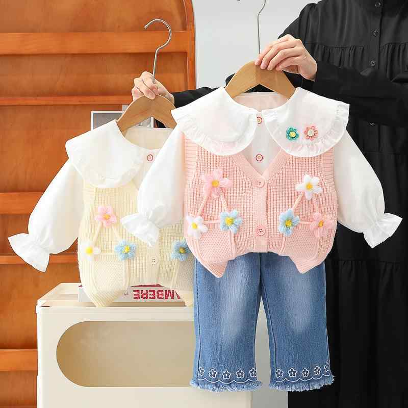 【楽天市場】ベビー服 女の子 春秋 ニット ベスト 長ズボン 3点セット 子供服 幼児服 おしゃれ かわいい カジュアル 柔らかい肌触り 綿 ...