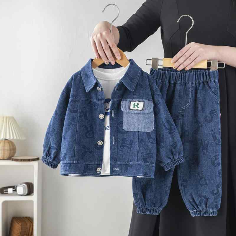 セットアップ 男の子 キッズ 春秋 幼児 トドラー デニム 綿 長袖シャツ ロングパンツ アルファベット 総柄 3点セット カジュアル ソフトタッチ お出かけ 普段使い ブルー